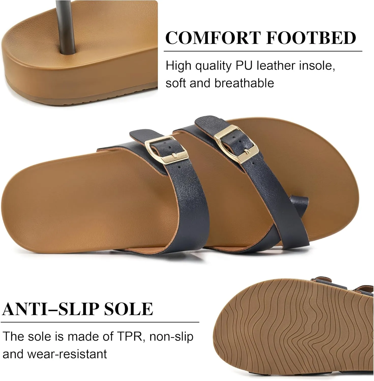 Ecetana Womens Sandals Dressy Summer Comfortable Casual Beach Flat Shoes Adjustable Buckle Slip On Walking Slides
