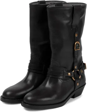 Elbslutt Mid Calf Boots For Women Motorcycle Boots Biker Riding Booties Low Heel Round Toe Chunky Block Heel Fashion Buckle Trendy Stylish Shoes Booties