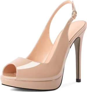 Eldof Women's Peep Toe Stiletto High Heel Platform Slingback Ankle Strap Pumps Wedding Dress Party Sandals 4.7 Inches