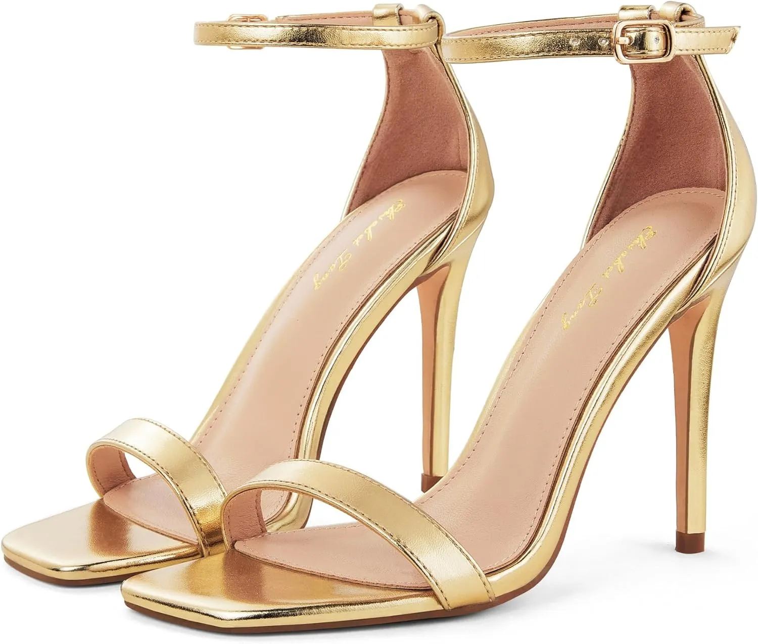 Elisabet Tang Women's Stiletto Heels Square Open Toe Ankle Strap High Heeled Sandals 4 Inch Comfort Sexy Dressy Shoes
