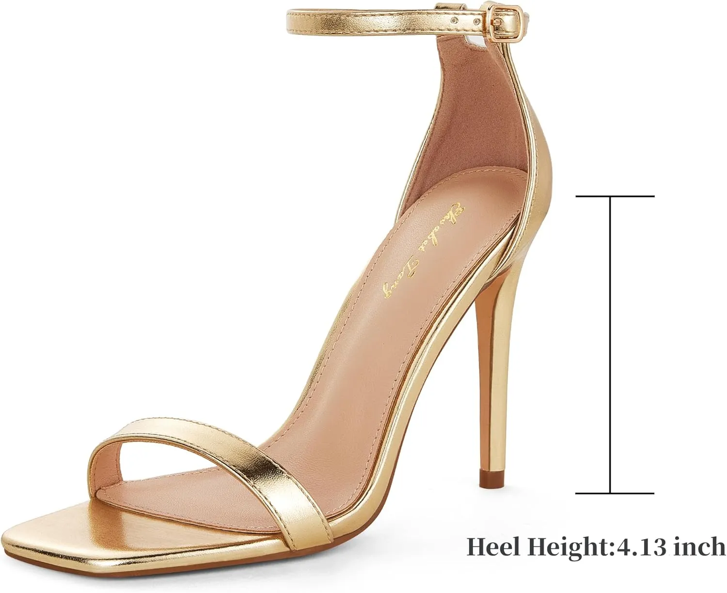 Elisabet Tang Women's Stiletto Heels Square Open Toe Ankle Strap High Heeled Sandals 4 Inch Comfort Sexy Dressy Shoes