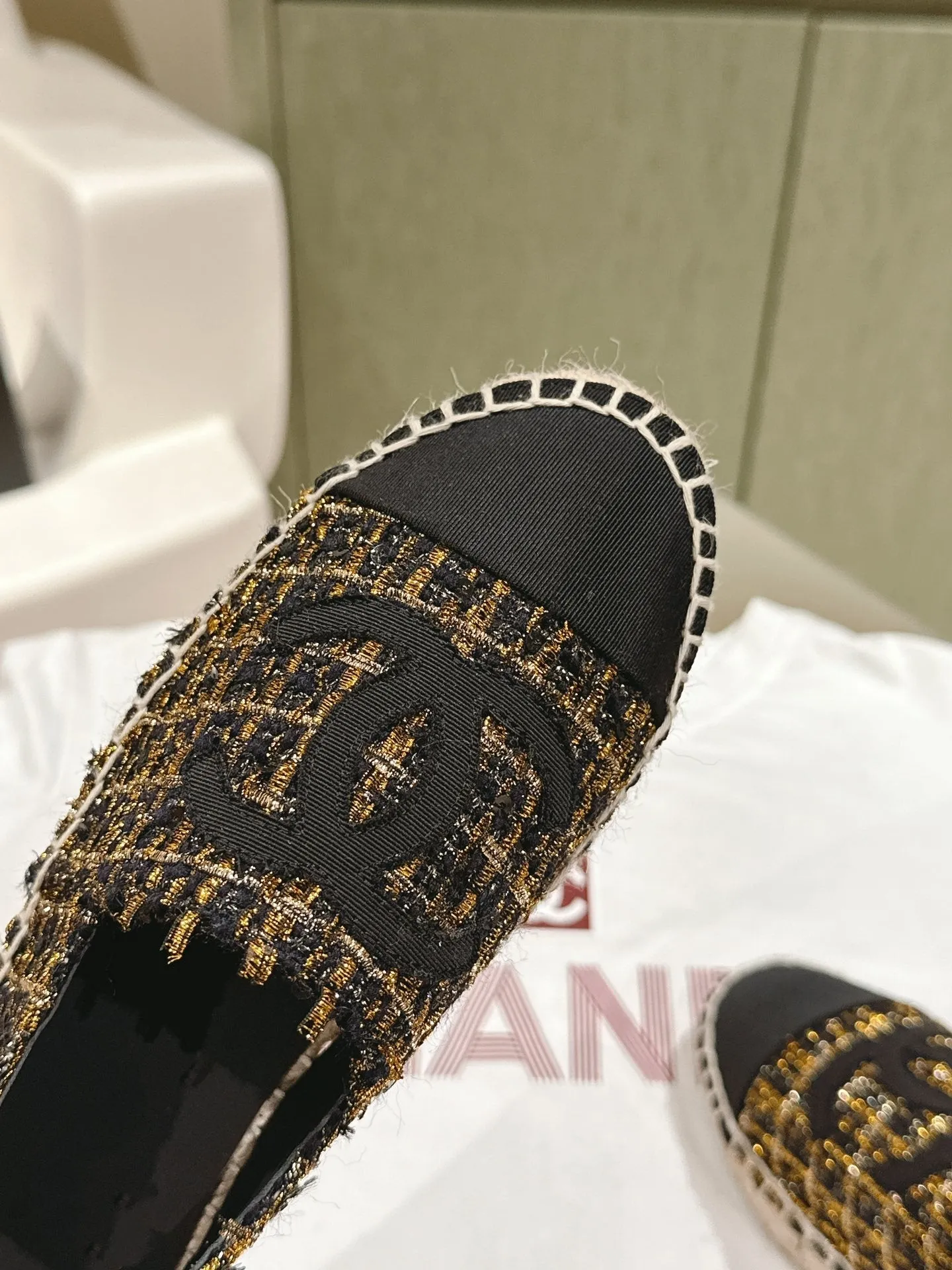 espadrilees black gold tweed canvas