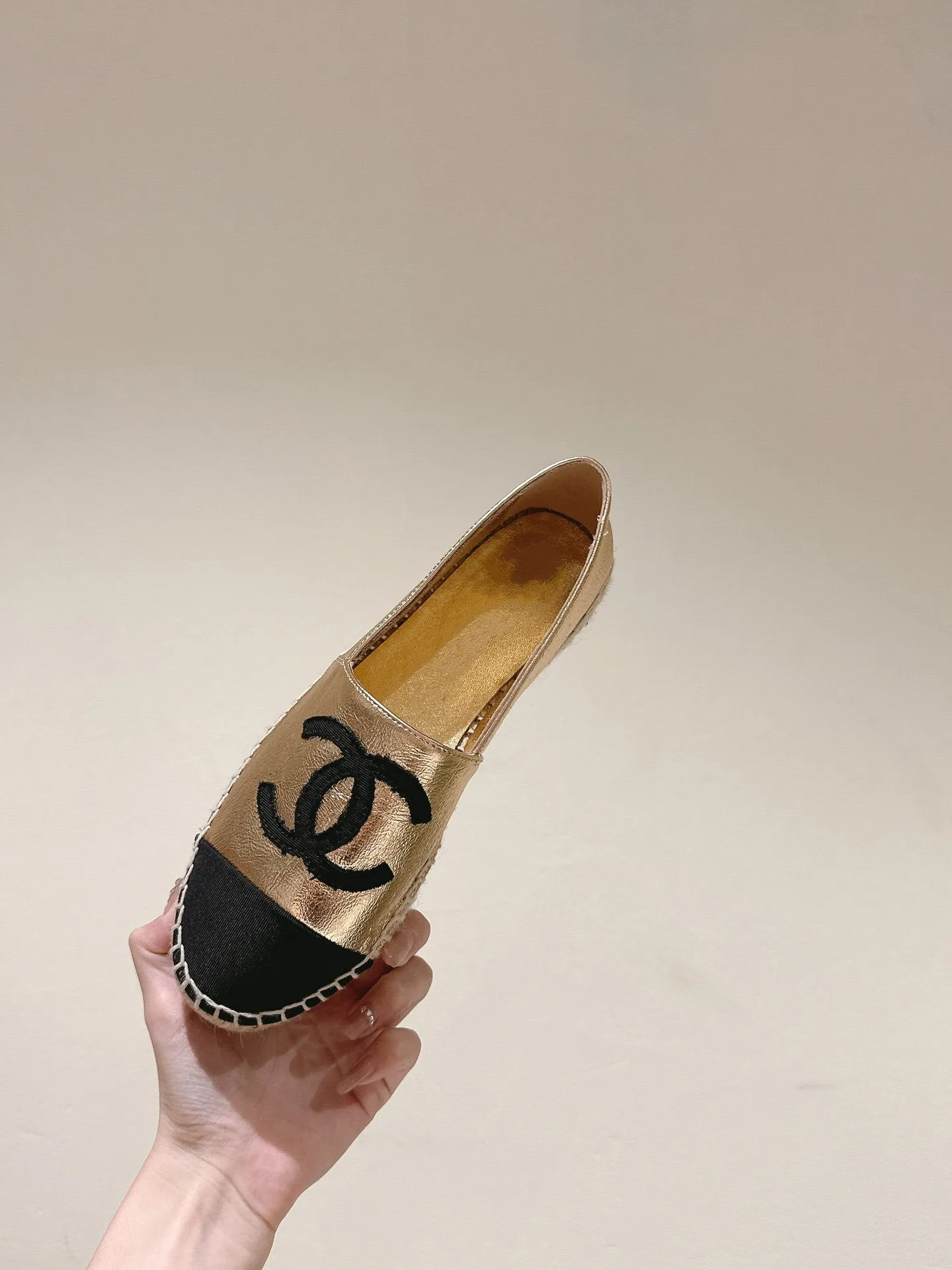 espadrilles gold metalic calfskin black canvas
