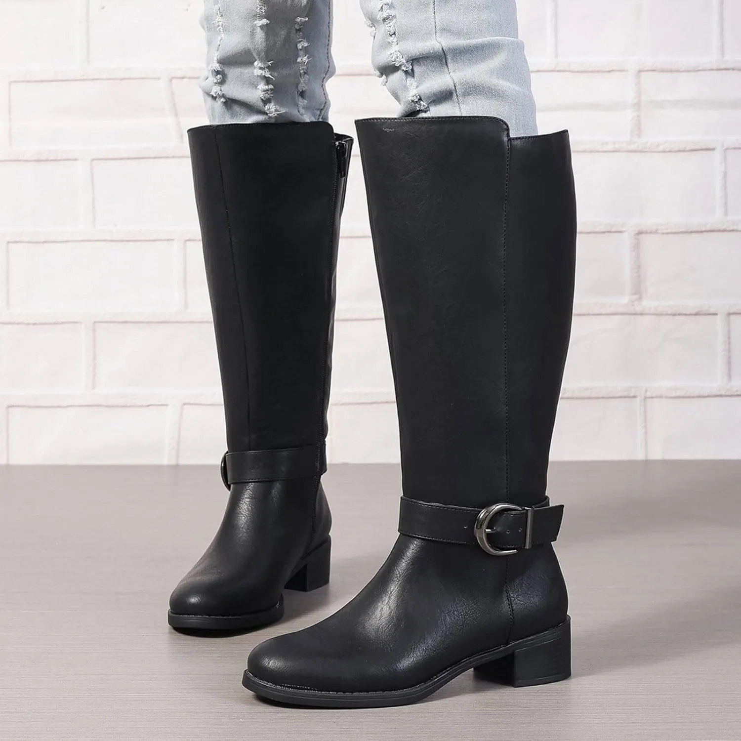 Extra Wide Calf Knee High Boots for Women Wide Width Plus Size Side Zipper Elastic Band Low Heel Riding Boots US5-11