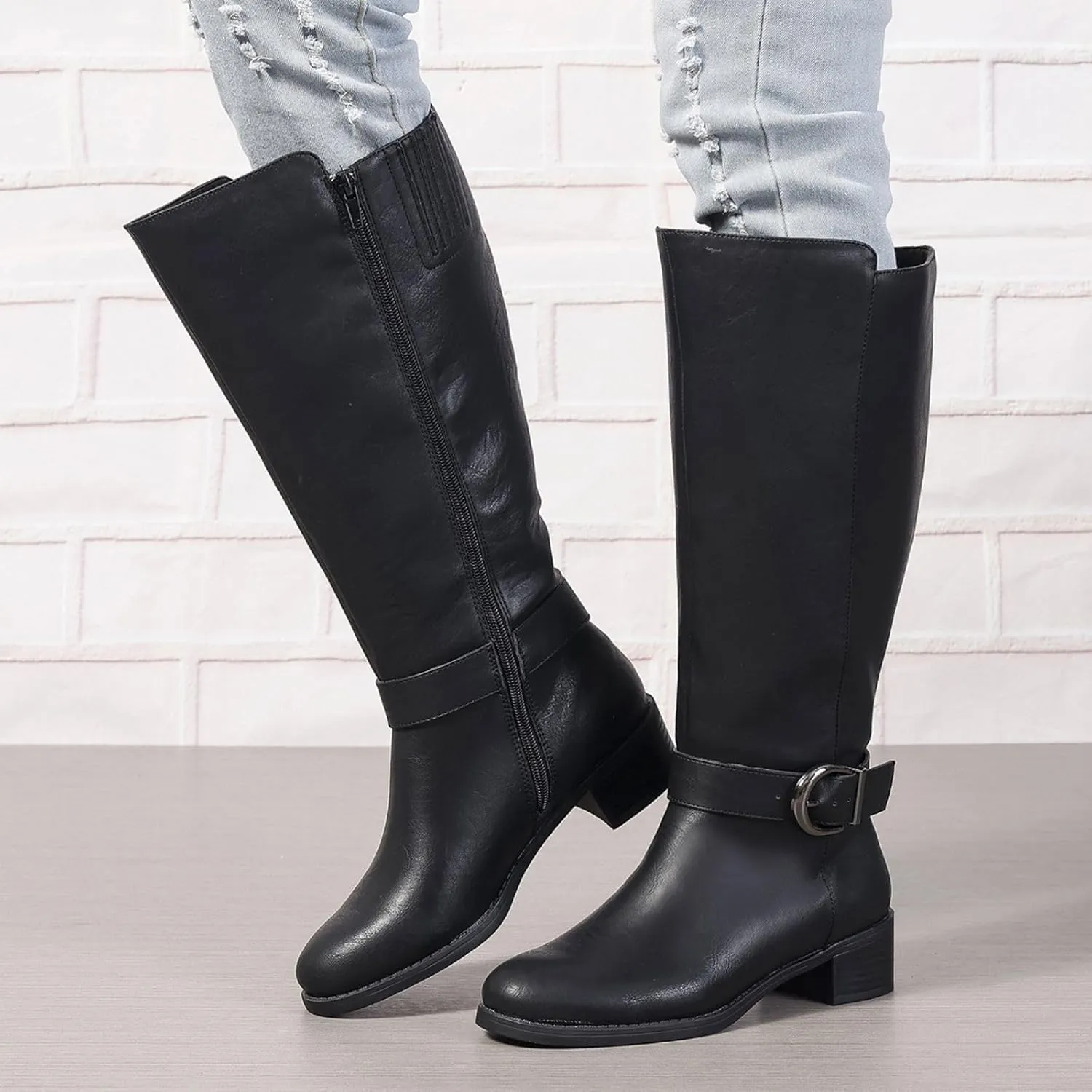 Extra Wide Calf Knee High Boots for Women Wide Width Plus Size Side Zipper Elastic Band Low Heel Riding Boots US5-11