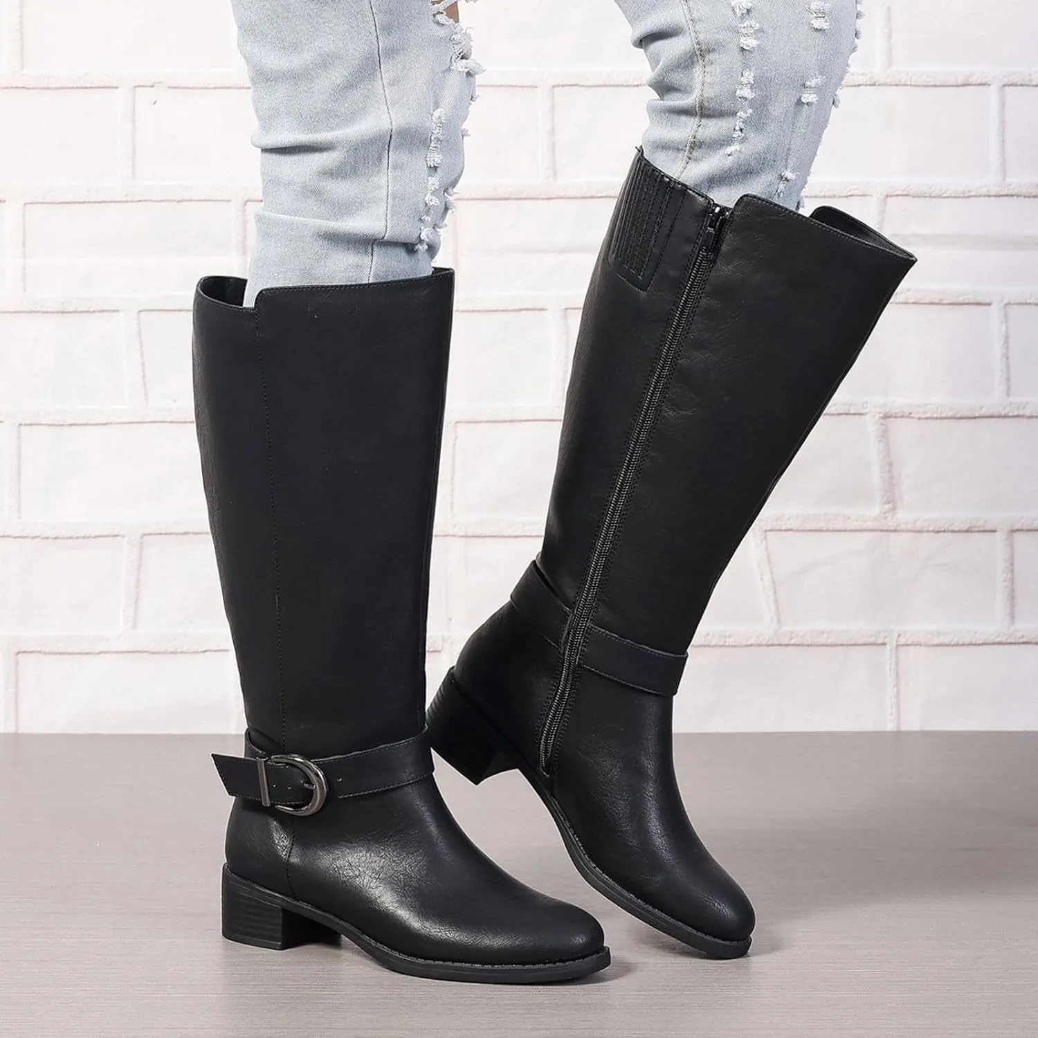 Extra Wide Calf Knee High Boots for Women Wide Width Plus Size Side Zipper Elastic Band Low Heel Riding Boots US5-11