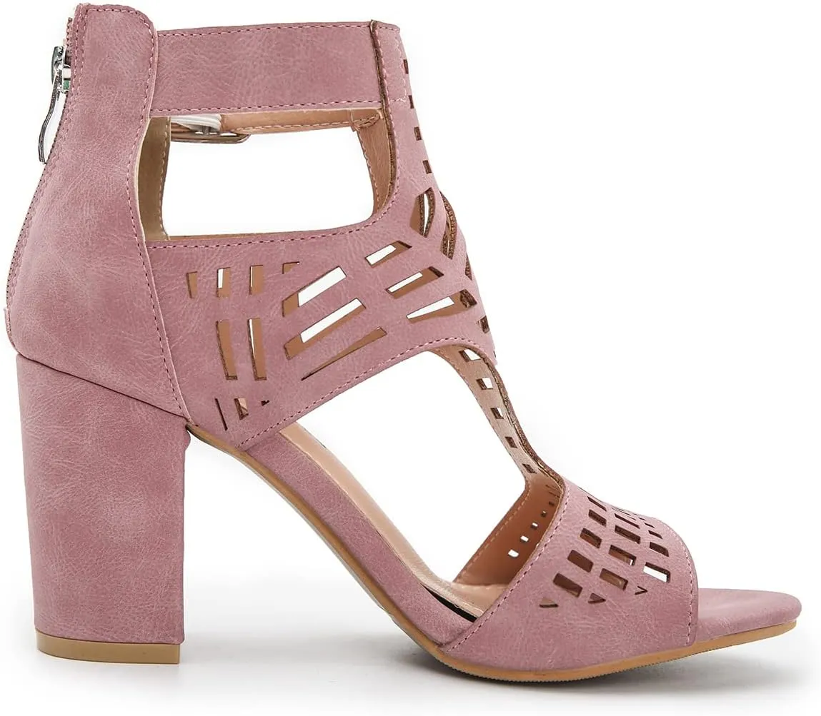 Fashion Peep Toe Booties for Women Cutout Block Heels Sandals Gladiator Summer Mesh Booties