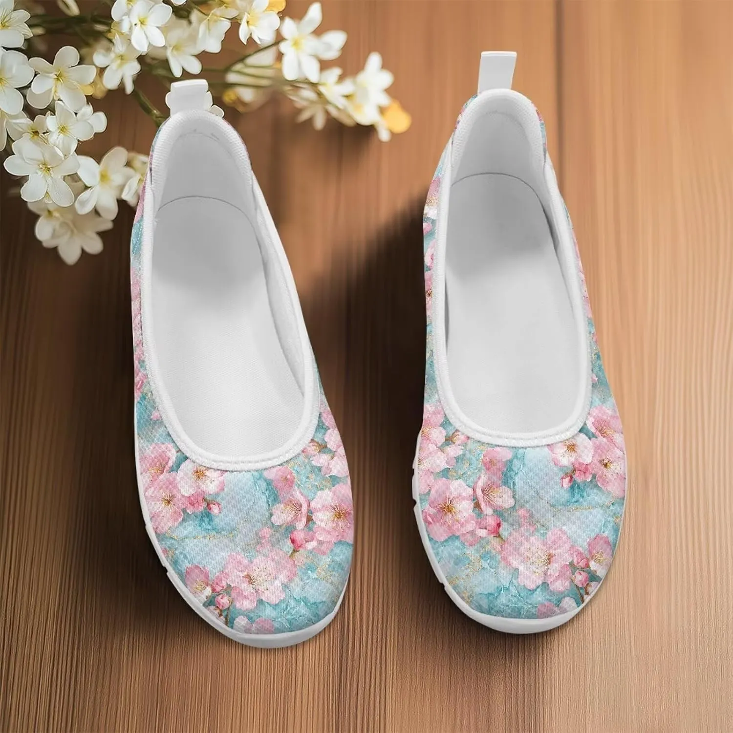 Fashion Sneakers for Women Printing Shoes Lightweight Walking Flying Mesh Casual Slip Ons Comfortable Art Painted Soft Cherry Blossoms ShoesUS Size 6-11