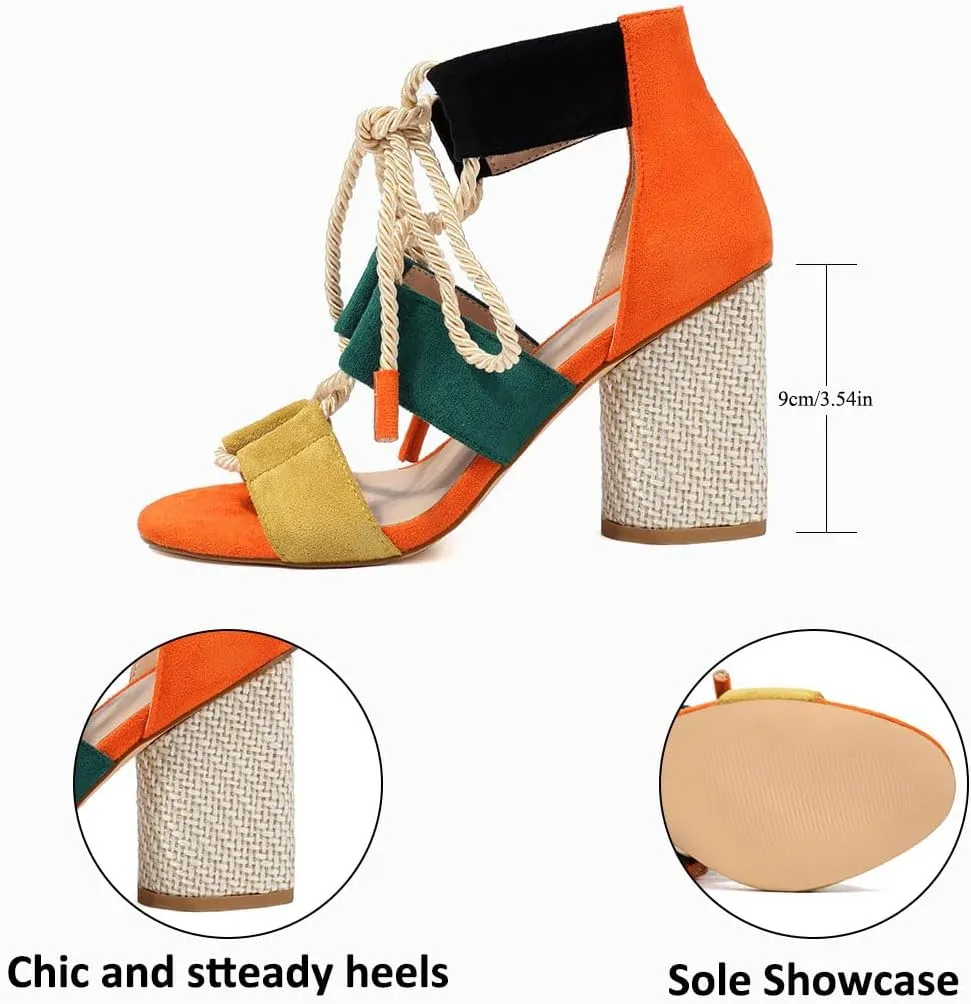 Feinlina Women Colorful Fashion Causal Shoes Suede Cute Sandals Lace up Cross Ankle Strap Comfortable Block Heel