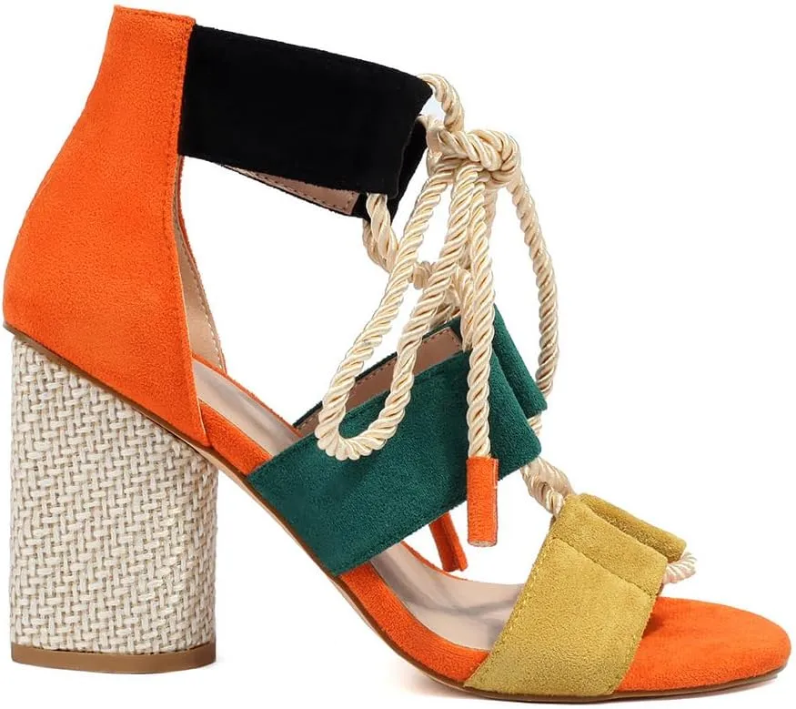 Feinlina Women Colorful Fashion Causal Shoes Suede Cute Sandals Lace up Cross Ankle Strap Comfortable Block Heel