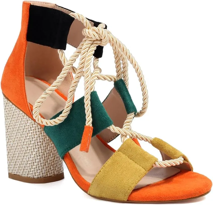 Feinlina Women Colorful Fashion Causal Shoes Suede Cute Sandals Lace up Cross Ankle Strap Comfortable Block Heel