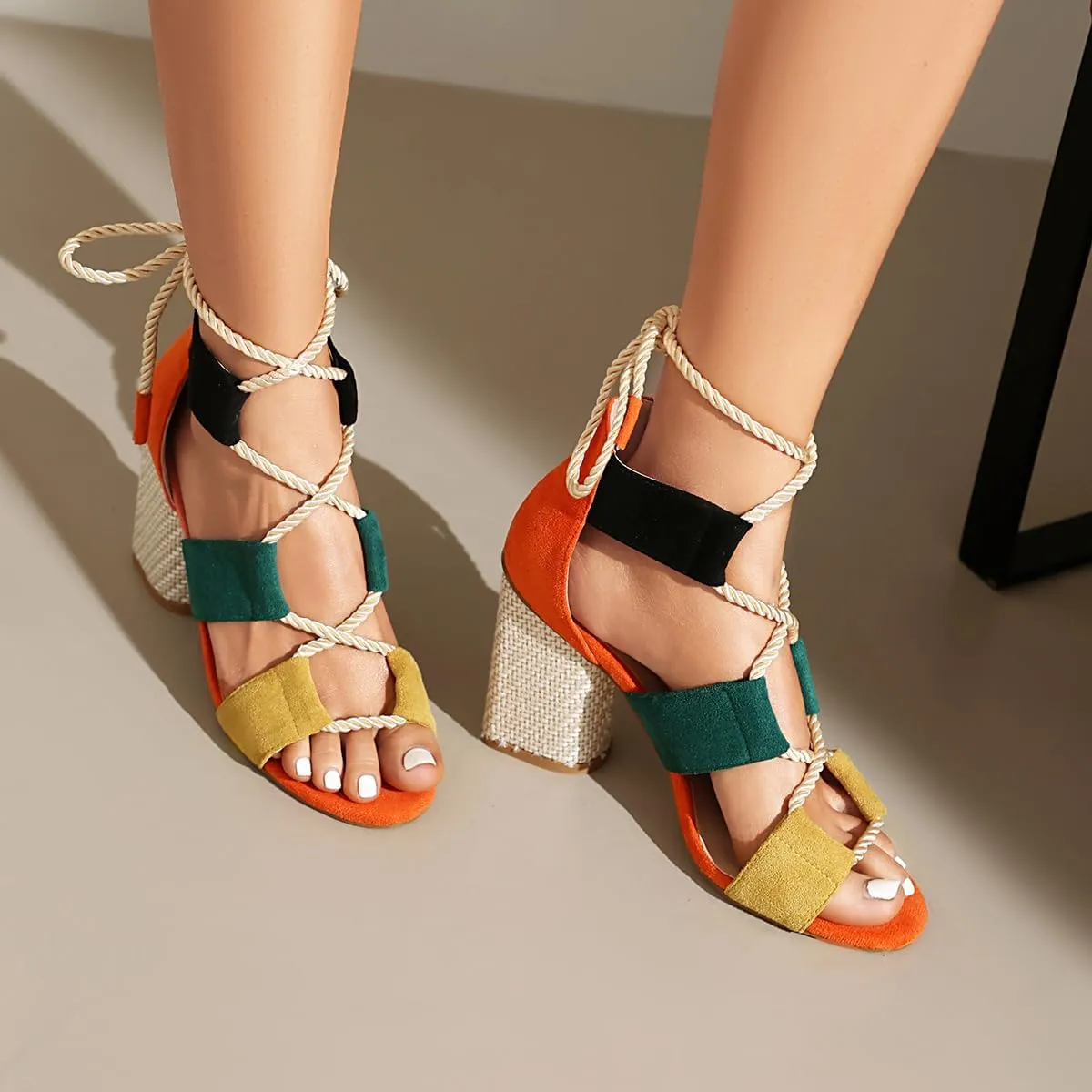 Feinlina Women Colorful Fashion Causal Shoes Suede Cute Sandals Lace up Cross Ankle Strap Comfortable Block Heel
