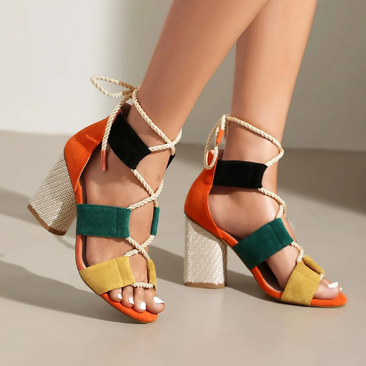 Feinlina Women Colorful Fashion Causal Shoes Suede Cute Sandals Lace up Cross Ankle Strap Comfortable Block Heel
