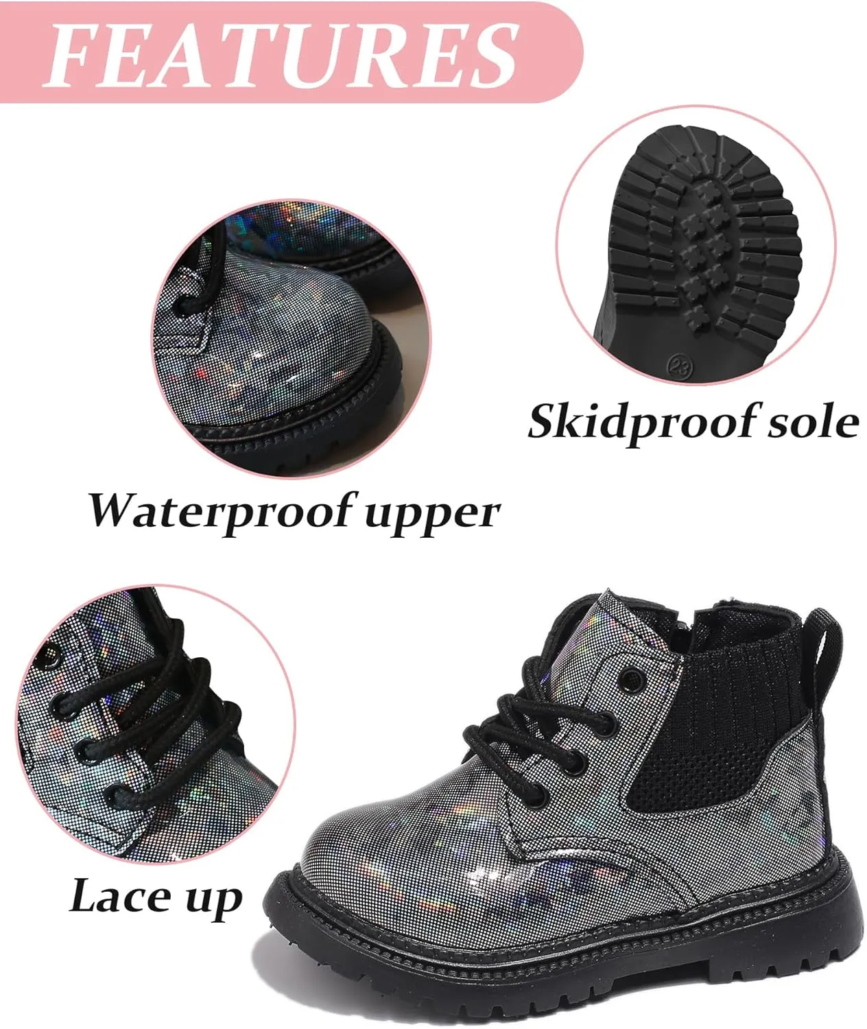 FEOYA Toddler Kid Boy Girl Glitter Faux Leather Combat Ankle Boots Waterproof Lace Up Outdoor Boot with Zipper