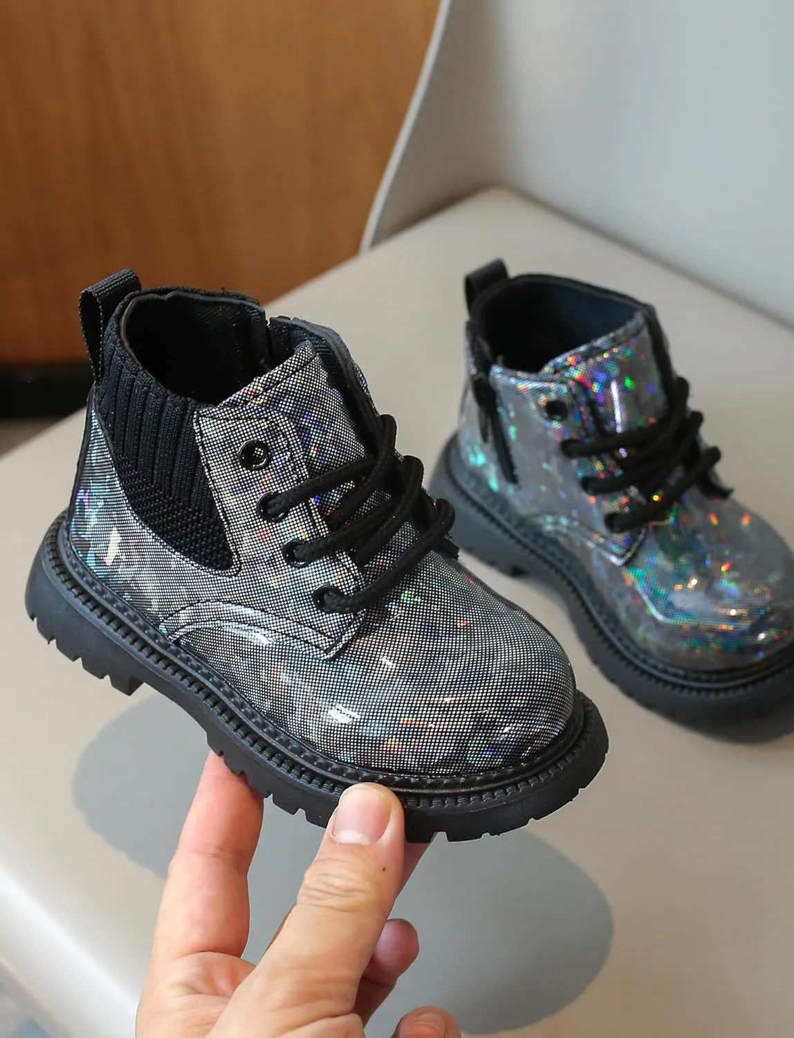 FEOYA Toddler Kid Boy Girl Glitter Faux Leather Combat Ankle Boots Waterproof Lace Up Outdoor Boot with Zipper