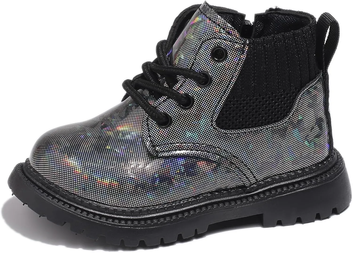 FEOYA Toddler Kid Boy Girl Glitter Faux Leather Combat Ankle Boots Waterproof Lace Up Outdoor Boot with Zipper