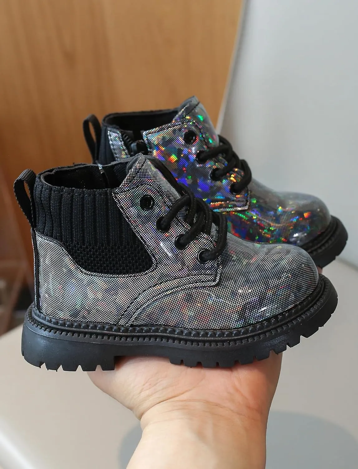 FEOYA Toddler Kid Boy Girl Glitter Faux Leather Combat Ankle Boots Waterproof Lace Up Outdoor Boot with Zipper