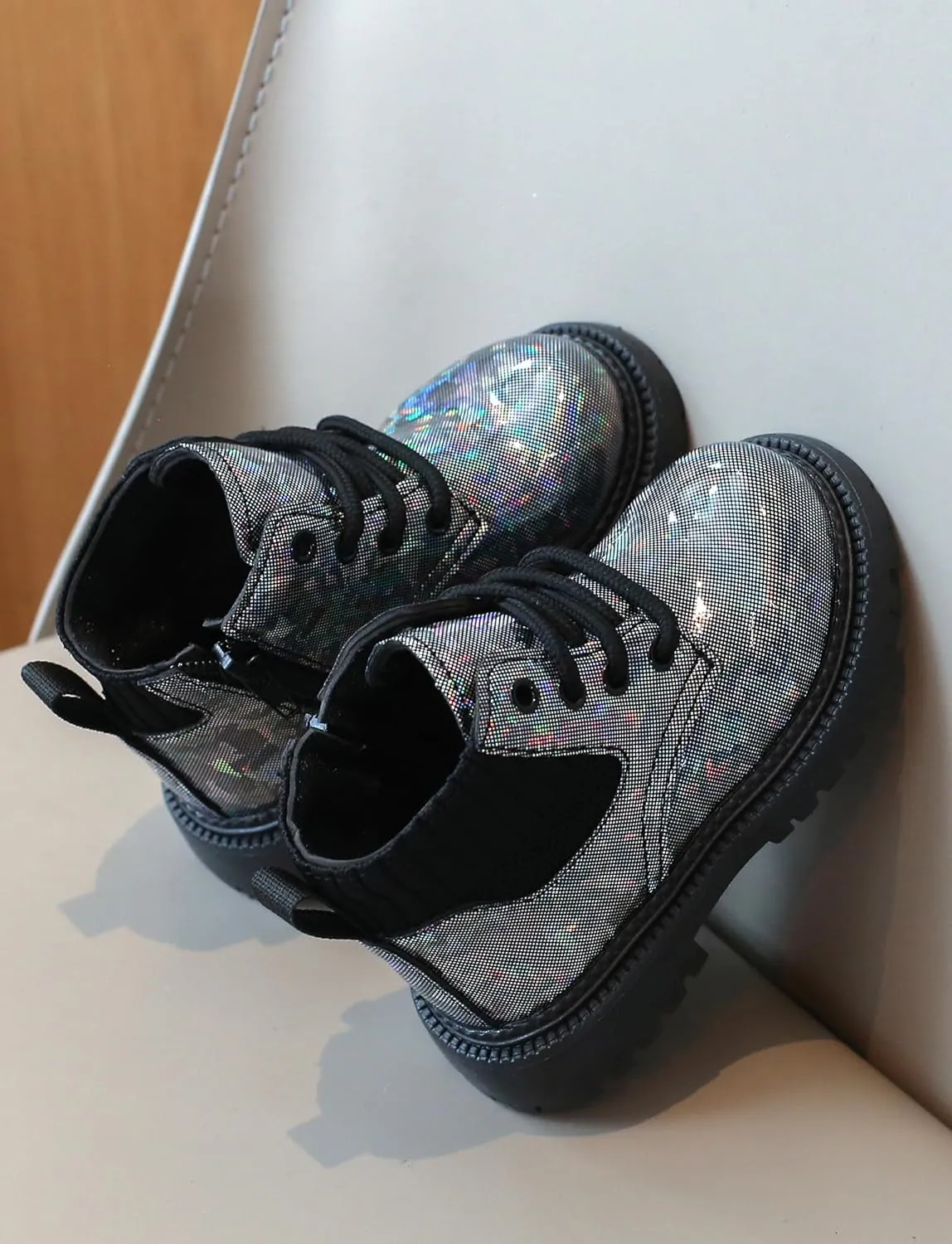 FEOYA Toddler Kid Boy Girl Glitter Faux Leather Combat Ankle Boots Waterproof Lace Up Outdoor Boot with Zipper