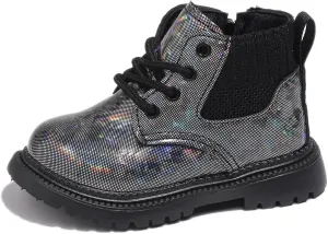 FEOYA Toddler Kid Boy Girl Glitter Faux Leather Combat Ankle Boots Waterproof Lace Up Outdoor Boot with Zipper