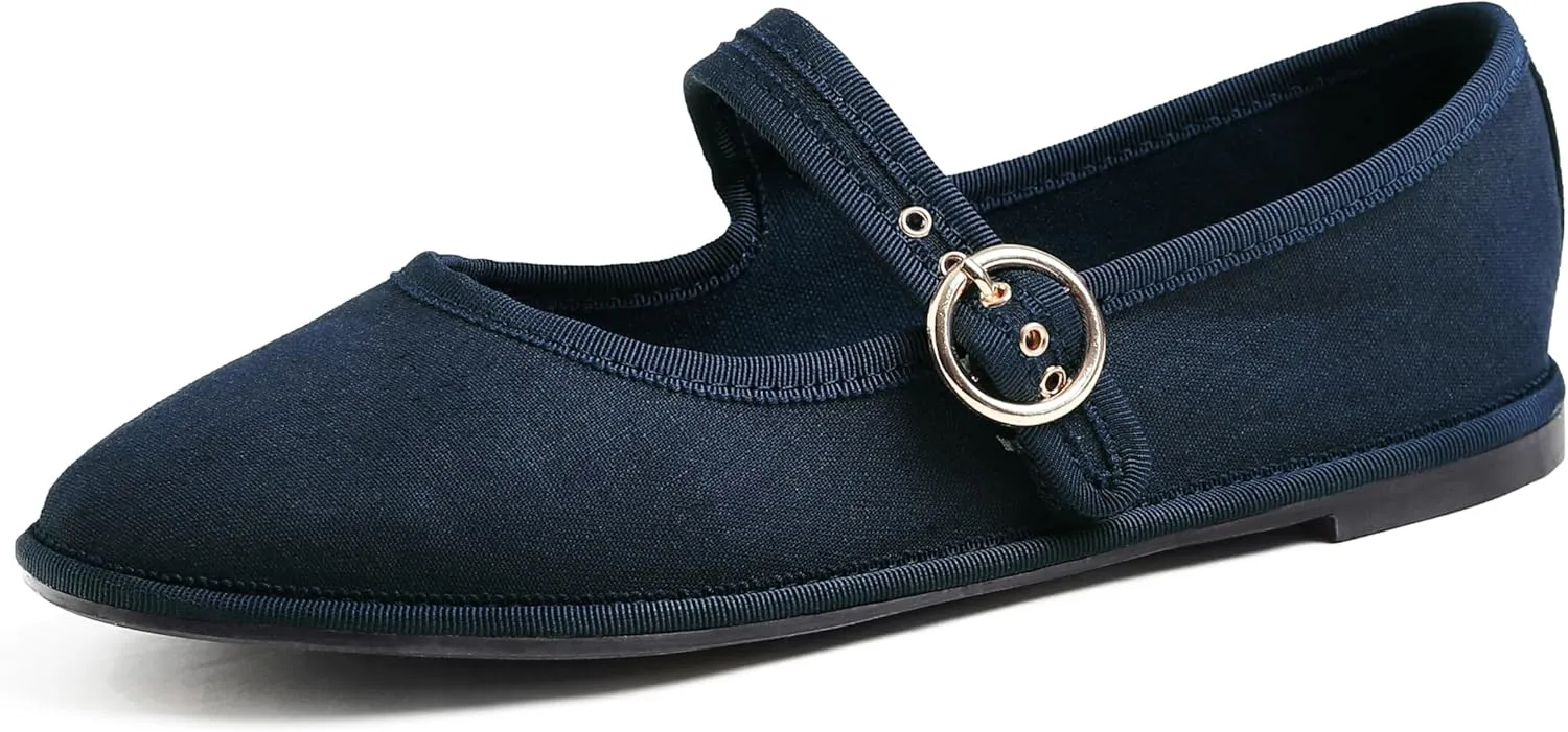 FEVERSOLE Women's Soft Breathable Mary Jane Memory Foam Cushioned Comfort Round Toe Metal Buckle Flats Walking Shoes