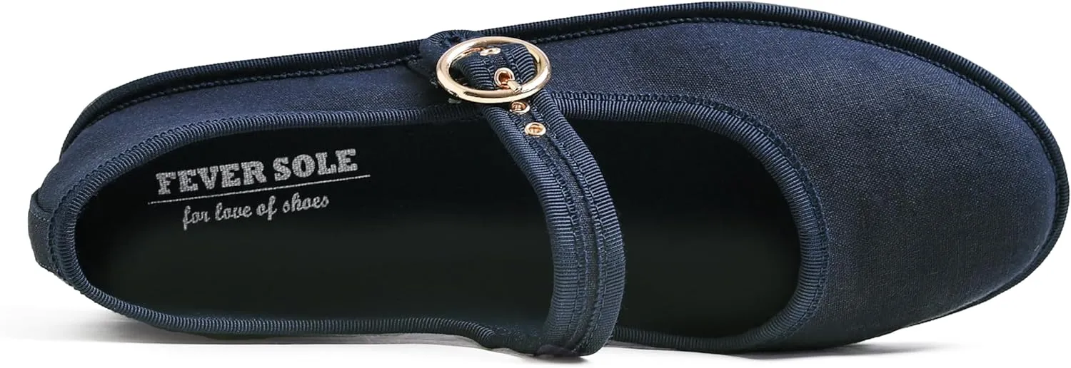 FEVERSOLE Women's Soft Breathable Mary Jane Memory Foam Cushioned Comfort Round Toe Metal Buckle Flats Walking Shoes