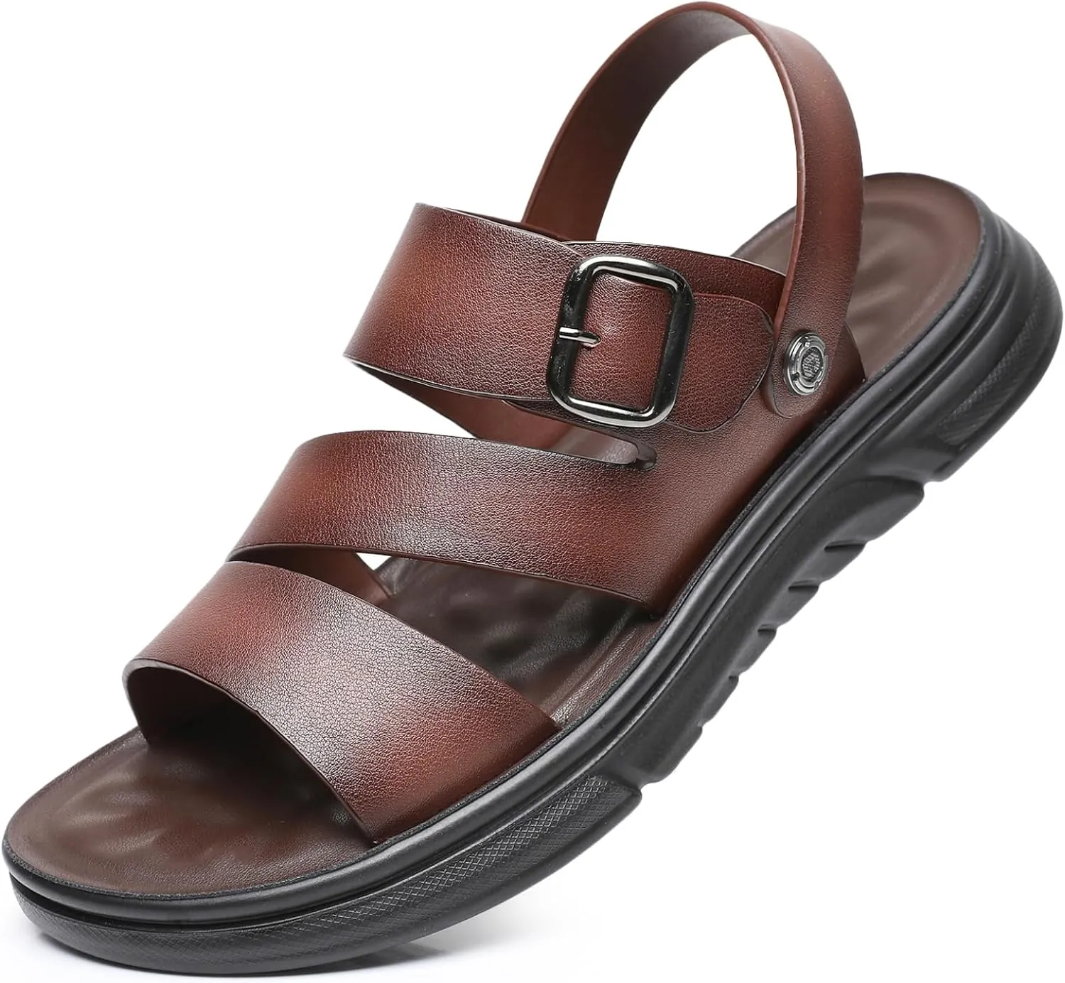 Finishing & Sewing Men's Leather Comfort Beach Sandals with Adjustable Buckle Strap