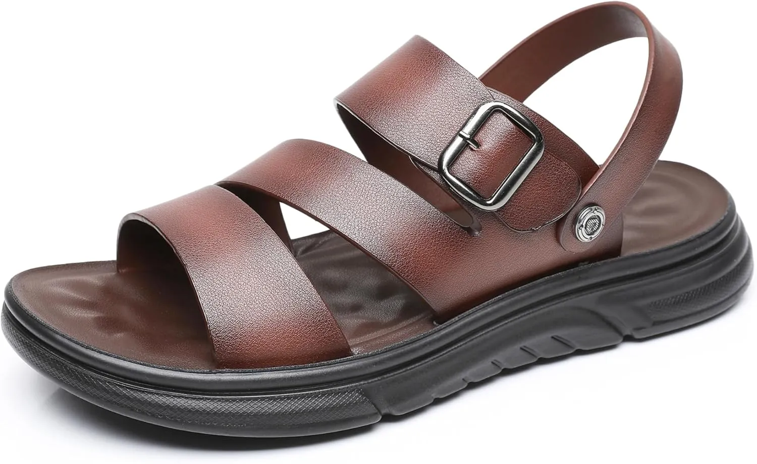 Finishing & Sewing Men's Leather Comfort Beach Sandals with Adjustable Buckle Strap