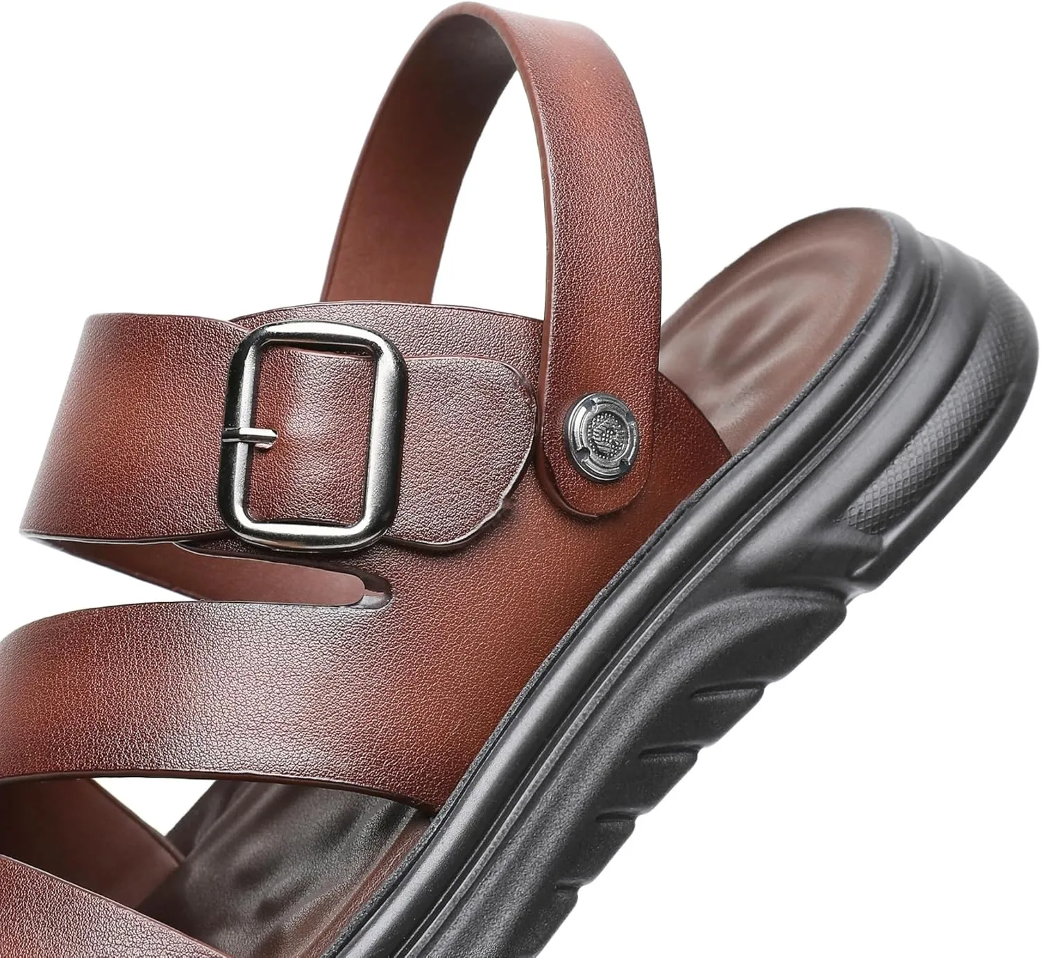 Finishing & Sewing Men's Leather Comfort Beach Sandals with Adjustable Buckle Strap