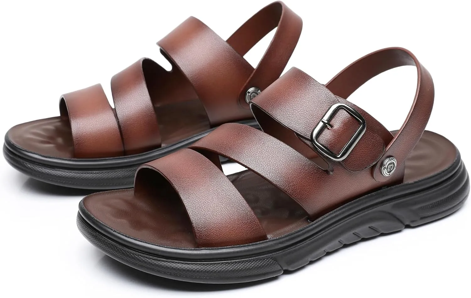 Finishing & Sewing Men's Leather Comfort Beach Sandals with Adjustable Buckle Strap