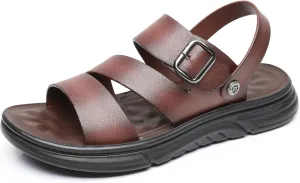 Finishing & Sewing Men's Leather Comfort Beach Sandals with Adjustable Buckle Strap
