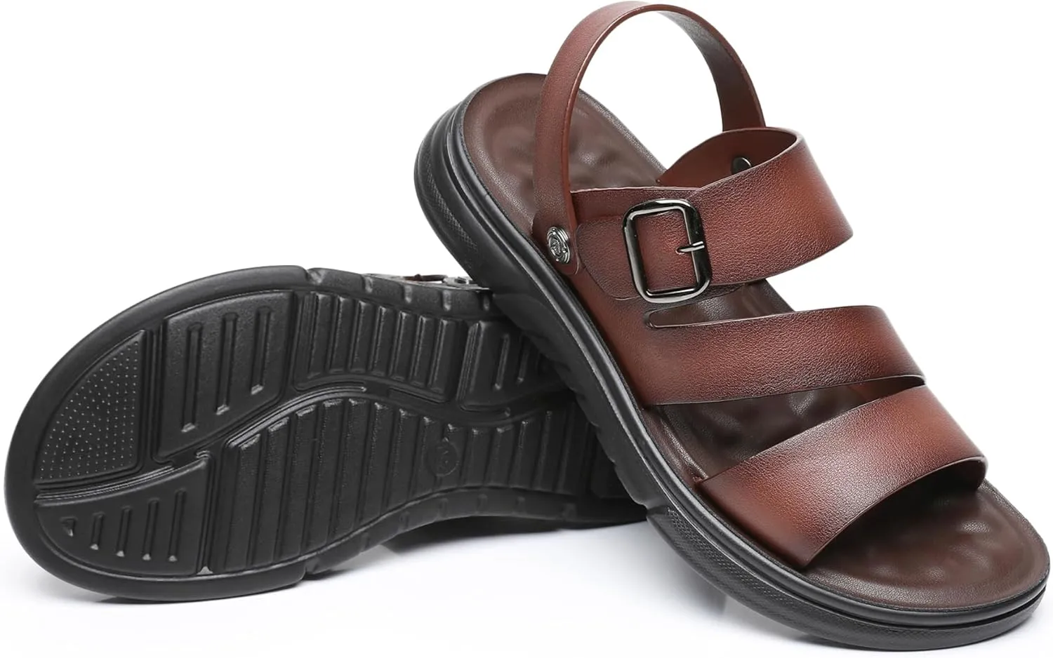 Finishing & Sewing Men's Leather Comfort Beach Sandals with Adjustable Buckle Strap
