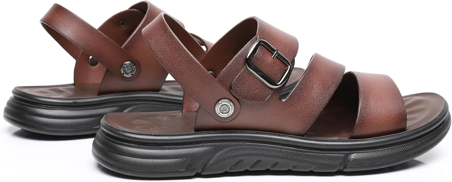 Finishing & Sewing Men's Leather Comfort Beach Sandals with Adjustable Buckle Strap