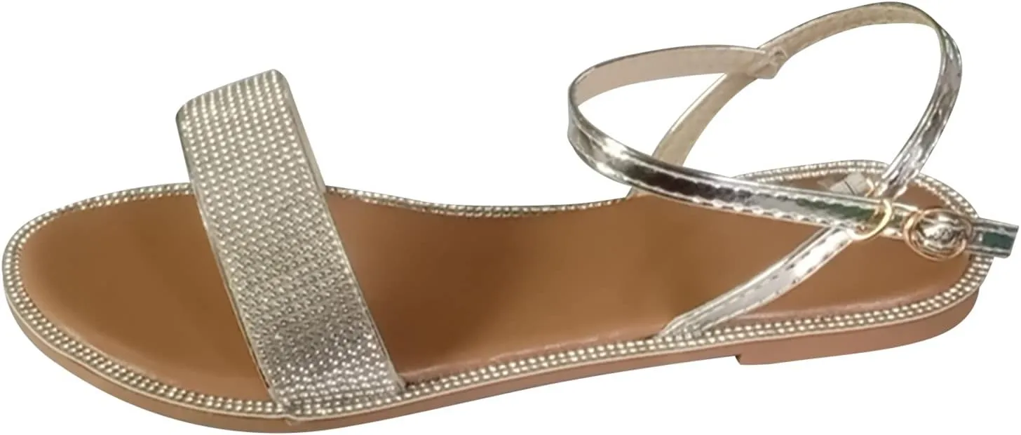 Flat Sandals for Women 2025,Open Toe Sparkly Glitter Sandal with Adjustable Ankle Strap Ladies Summer Comfortable Slingback Shoes Leather Comfy Dressy Shoes for Prom Party Outdoor Indoor