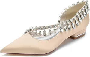 Flat Wedding Shoes for Bride Pointed Toe Satin Mary Jane Rhinestone Ballet Flats Bridal Prom Bridesmaid Slip on Pumps