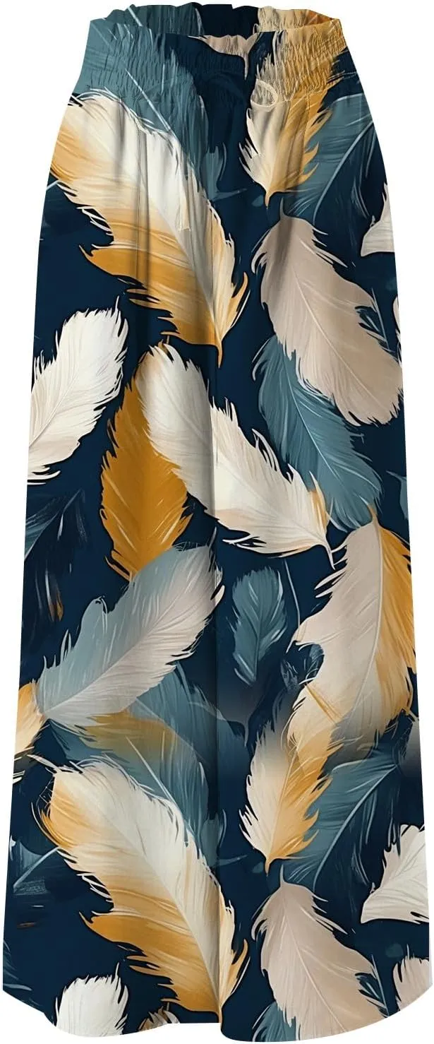 Flowy Pants for Women High Waisted Wide Leg Floral Palazzo Pant Drawstring Summer 2025 Beach Boho Trousers