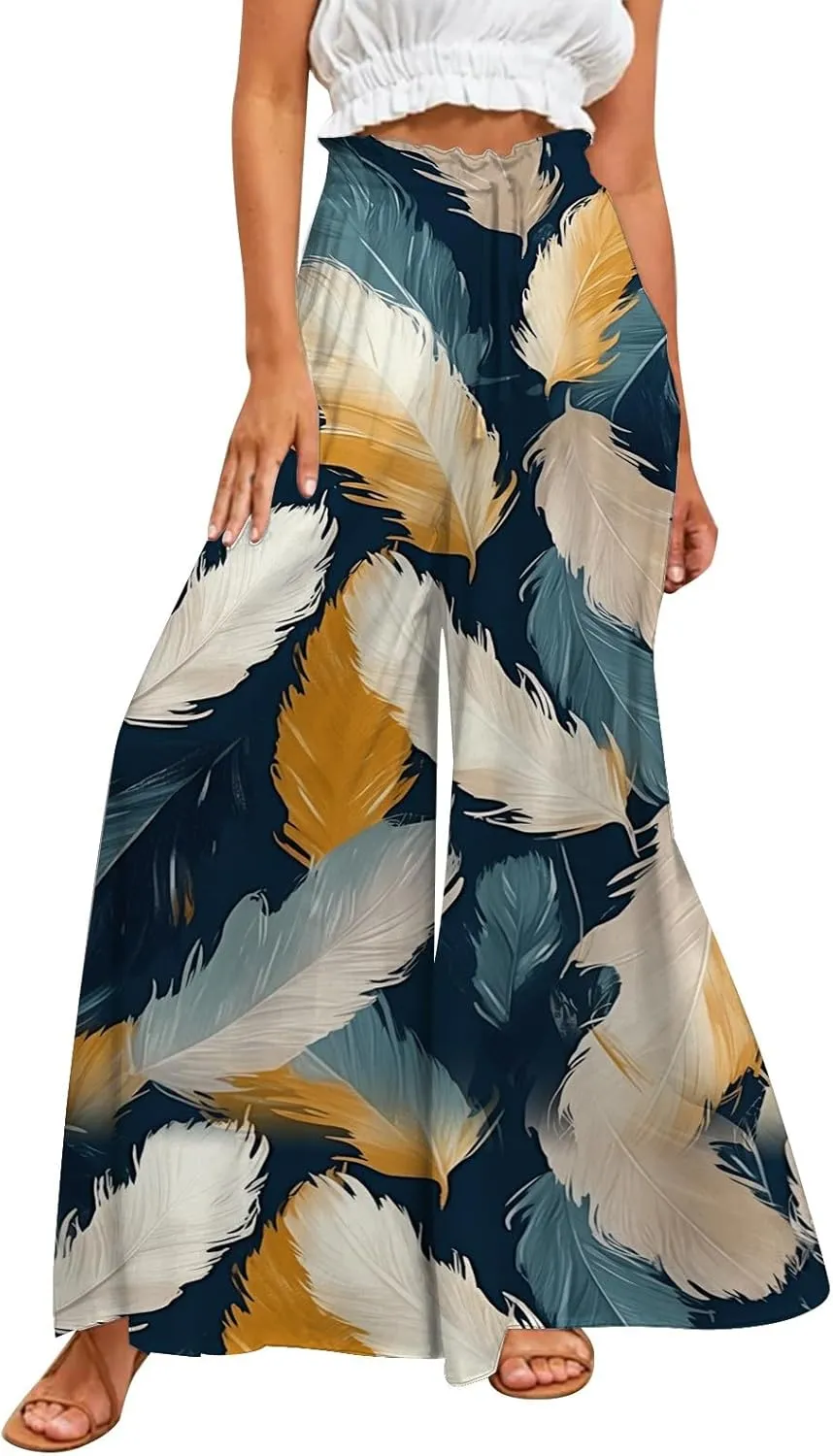 Flowy Pants for Women High Waisted Wide Leg Floral Palazzo Pant Drawstring Summer 2025 Beach Boho Trousers