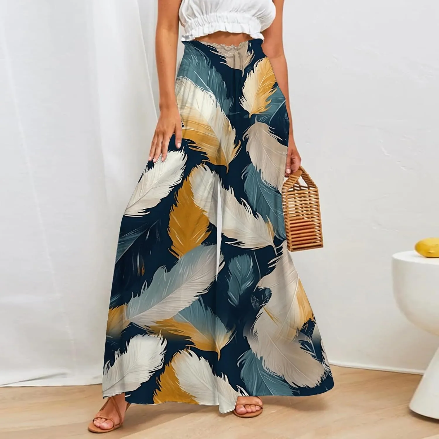 Flowy Pants for Women High Waisted Wide Leg Floral Palazzo Pant Drawstring Summer 2025 Beach Boho Trousers
