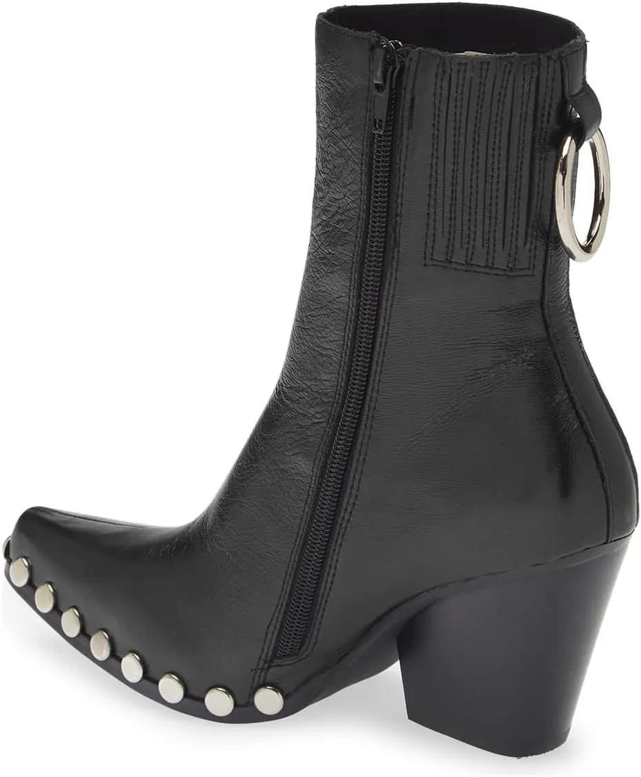 FOWT Women Pointed Toe Studded Ankle Boot Side Zipper Block High Heel Ladies Party Prom Dance Shoes Size 4-16 US