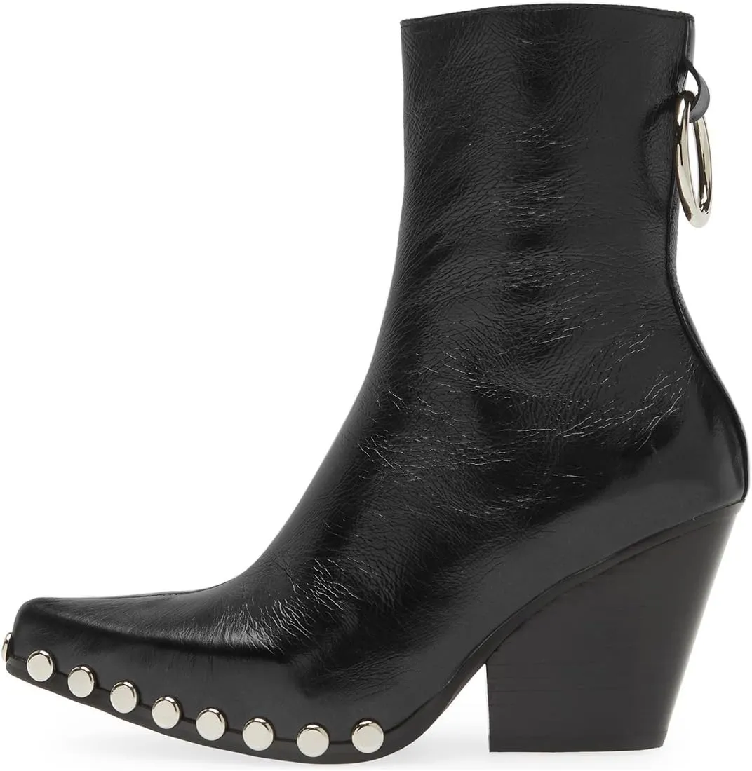 FOWT Women Pointed Toe Studded Ankle Boot Side Zipper Block High Heel Ladies Party Prom Dance Shoes Size 4-16 US