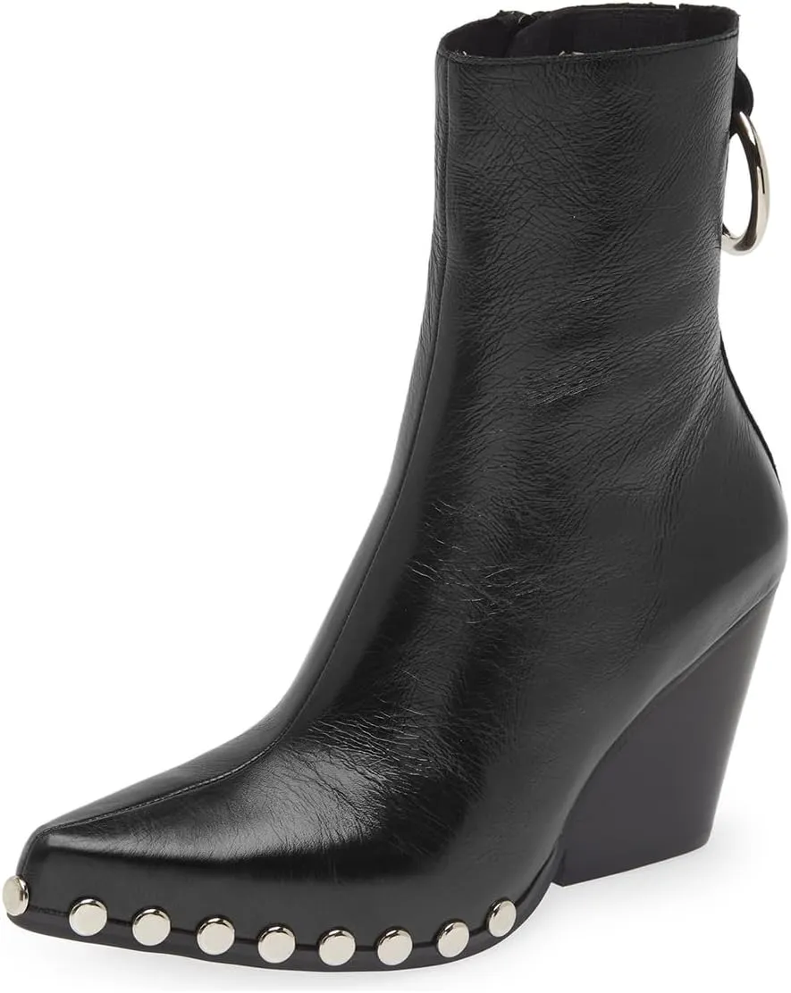 FOWT Women Pointed Toe Studded Ankle Boot Side Zipper Block High Heel Ladies Party Prom Dance Shoes Size 4-16 US