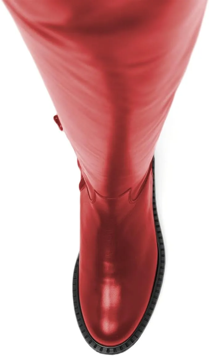 FOWT Women Stylish Round Toe Ankle Side Zipper Over The Knee Boots Block Low Heel Graceful Winter Wide Calf Daily Shoes Size 4-16 US