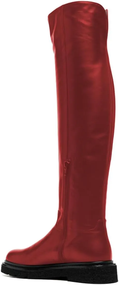 FOWT Women Stylish Round Toe Ankle Side Zipper Over The Knee Boots Block Low Heel Graceful Winter Wide Calf Daily Shoes Size 4-16 US