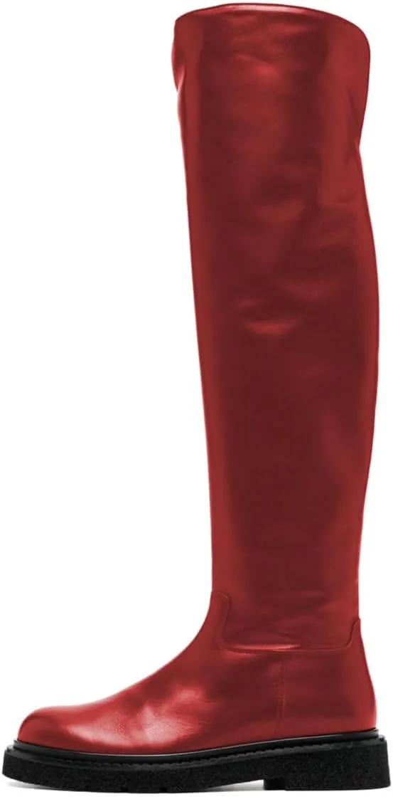 FOWT Women Stylish Round Toe Ankle Side Zipper Over The Knee Boots Block Low Heel Graceful Winter Wide Calf Daily Shoes Size 4-16 US