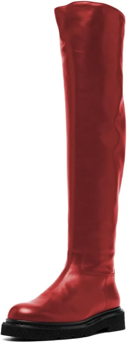 FOWT Women Stylish Round Toe Ankle Side Zipper Over The Knee Boots Block Low Heel Graceful Winter Wide Calf Daily Shoes Size 4-16 US