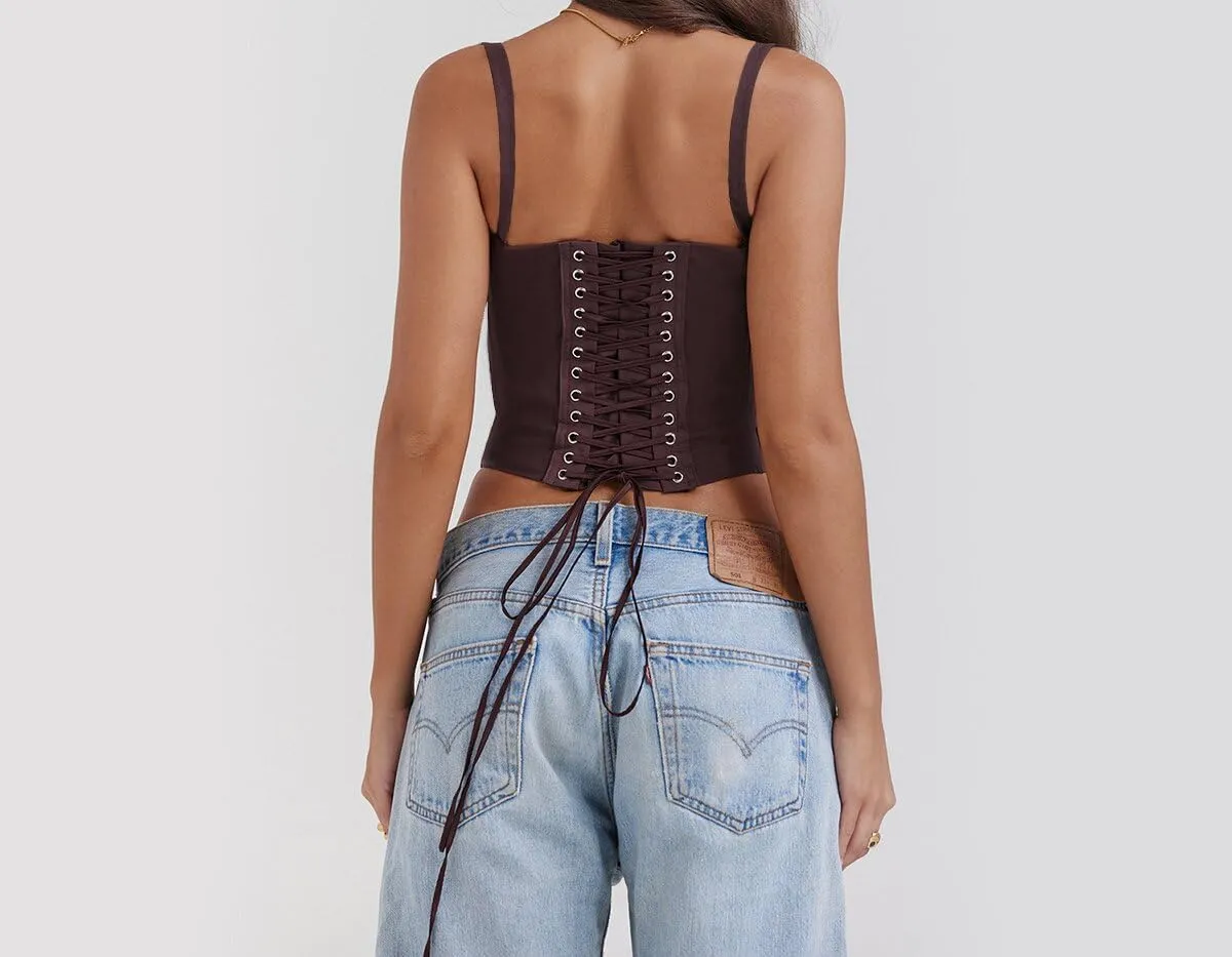 Fronage Women Sexy Low Cut Lace Corset Top Sleeveless Spaghetti Straps Slim Tank Top Trendy Open Back Boned Mesh Tunic Top