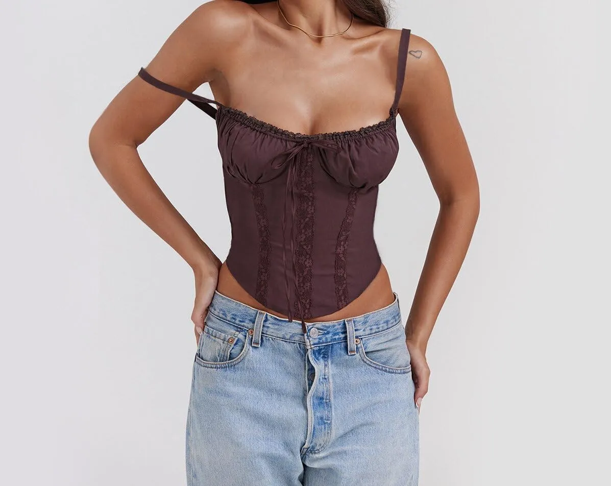 Fronage Women Sexy Low Cut Lace Corset Top Sleeveless Spaghetti Straps Slim Tank Top Trendy Open Back Boned Mesh Tunic Top