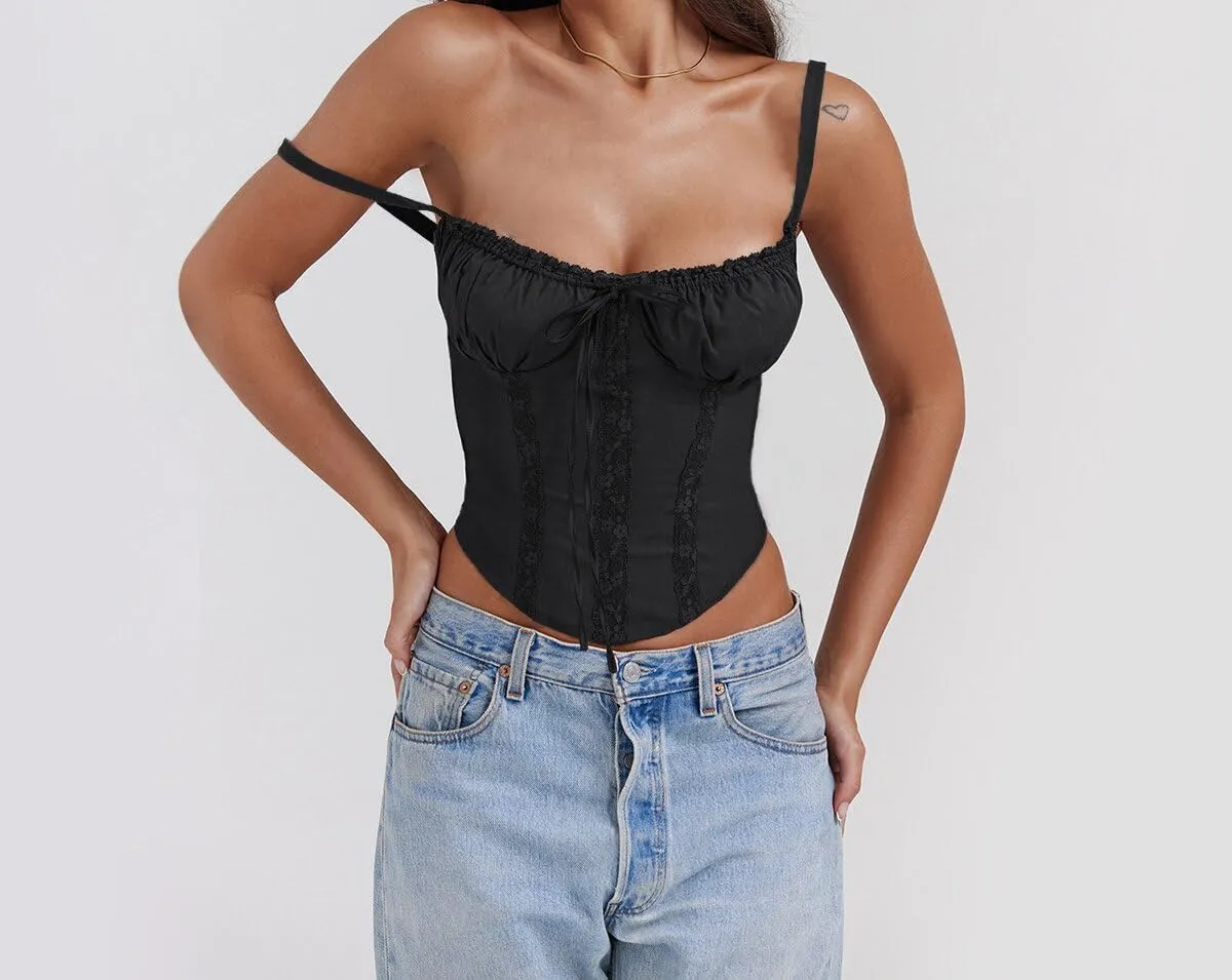 Fronage Women Sexy Low Cut Lace Corset Top Sleeveless Spaghetti Straps Slim Tank Top Trendy Open Back Boned Mesh Tunic Top
