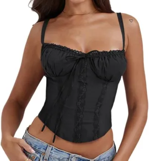 Fronage Women Sexy Low Cut Lace Corset Top Sleeveless Spaghetti Straps Slim Tank Top Trendy Open Back Boned Mesh Tunic Top