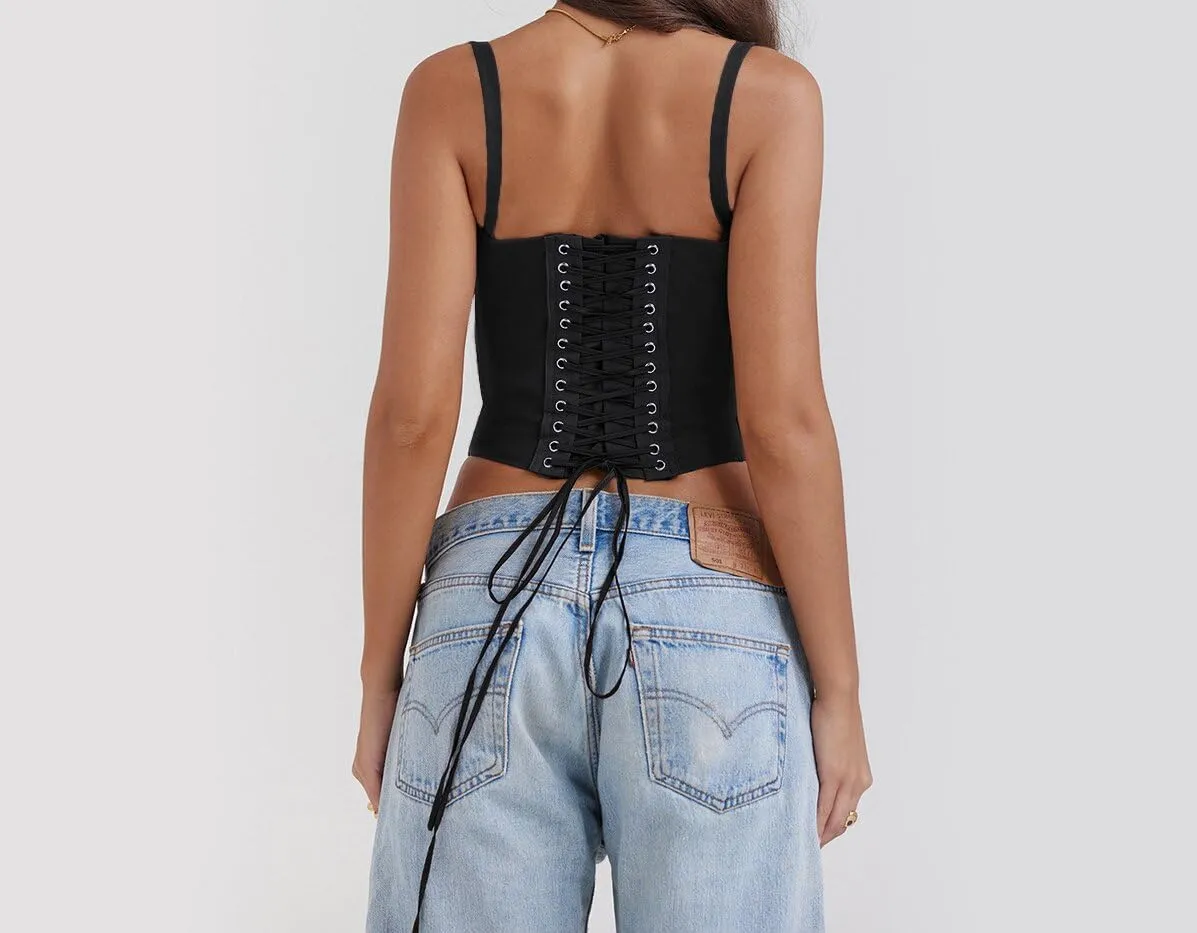 Fronage Women Sexy Low Cut Lace Corset Top Sleeveless Spaghetti Straps Slim Tank Top Trendy Open Back Boned Mesh Tunic Top
