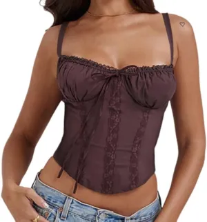 Fronage Women Sexy Low Cut Lace Corset Top Sleeveless Spaghetti Straps Slim Tank Top Trendy Open Back Boned Mesh Tunic Top